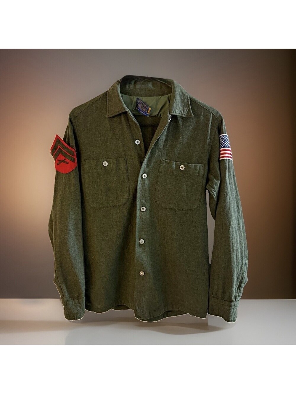 Vintage Pendleton Wool Shirt Mens S Green USMC Sergeant Military Patch USA